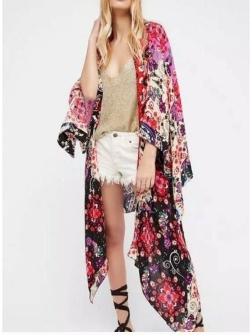 Free People Little Wing Mix Print Kimono Duster Patchwork Floral Paisley  1 Size